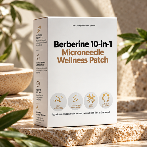 Confezione Berberine 10-in-1 Microneedle Wellness Patch su sfondo naturale beige
